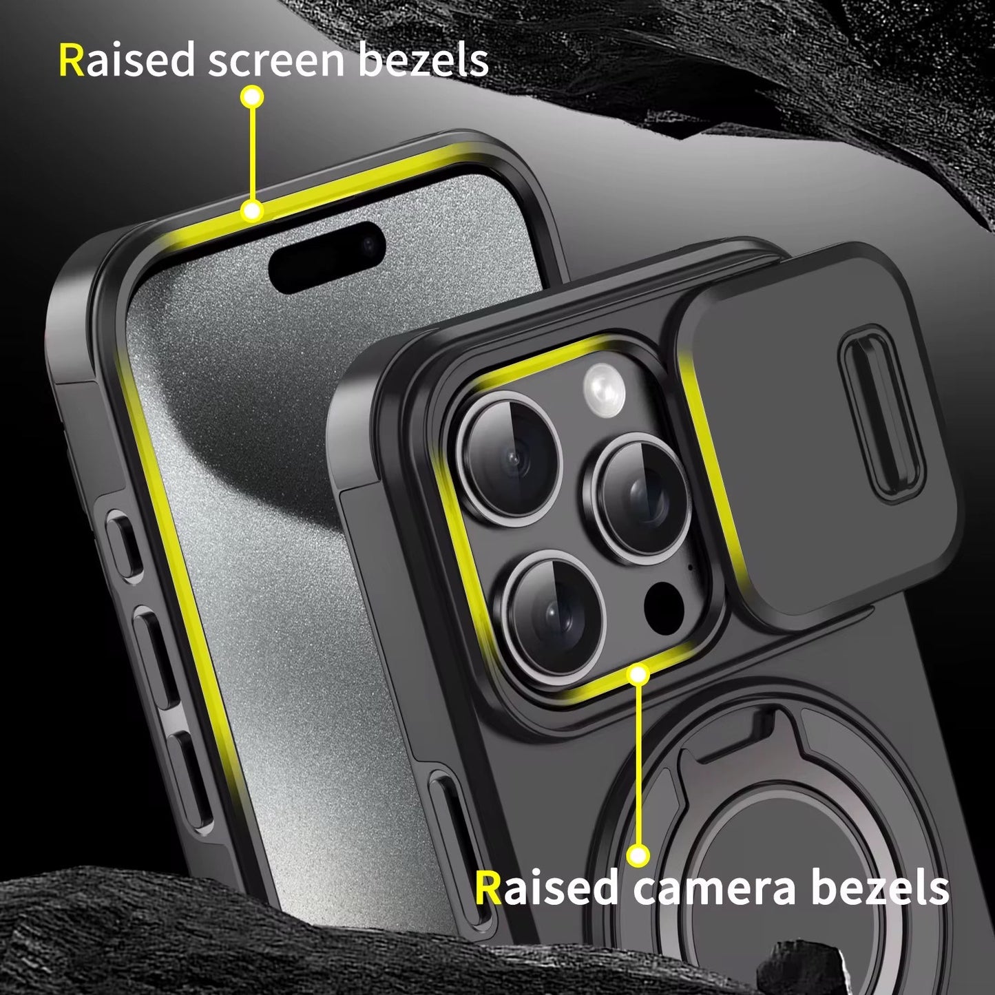 Heavy Duty iPhone Case with Rotating Stand | Magnetic Camera Cover | Shockproof Protection