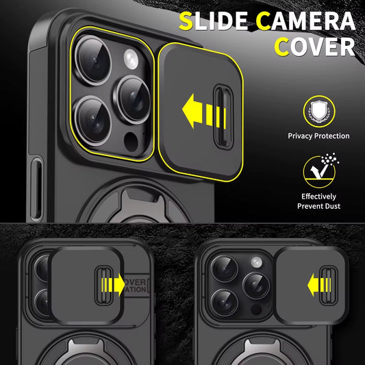 Heavy Duty iPhone Case with Rotating Stand | Magnetic Camera Cover | Shockproof Protection
